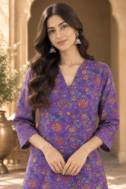 Purple Floral Print Kurta And Flared Pant Set - detail close-up
