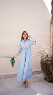 Powder Blue Floral Embroidered Shirt Dress 3