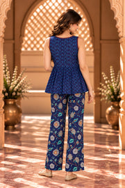 Tej Blue Sleeveless Peplum Top And Floral Pant Co-ord Set - back view