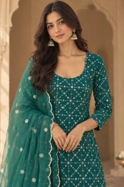 Alina Teal Green Embroidered Sharara Set With Sleeves - detail close-up
