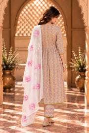 Shaila Multicolour Chevron Print Anarkali Set With Dupatta - back view