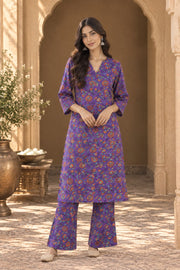 Purple Floral Print Kurta And Flared Pant Set - front view