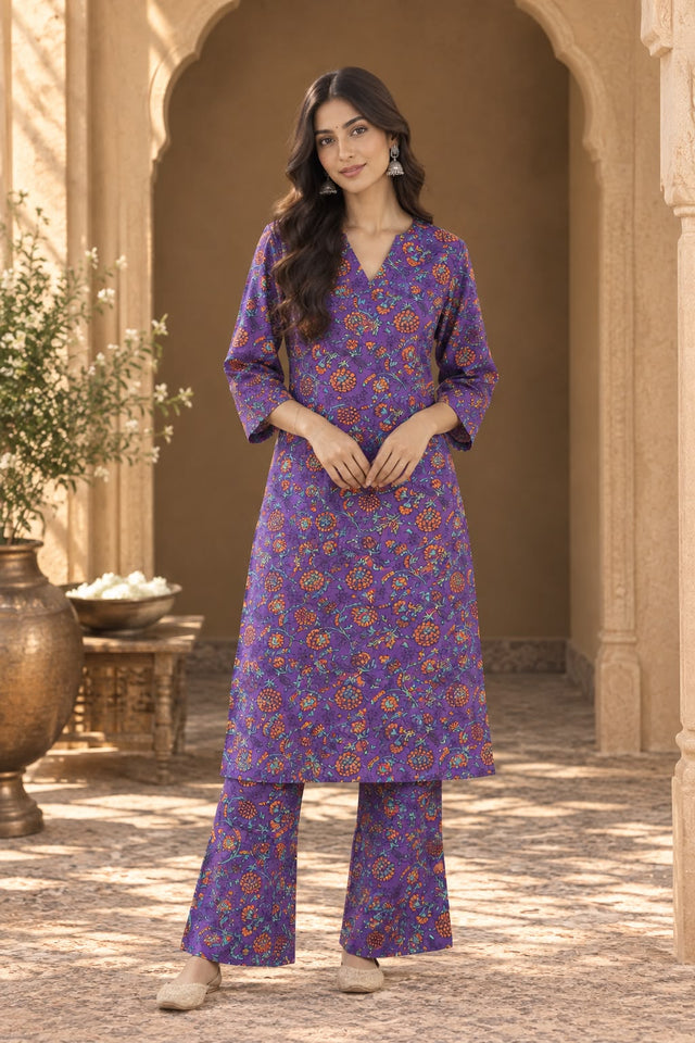 Purple Floral Print Kurta And Flared Pant Set - front view