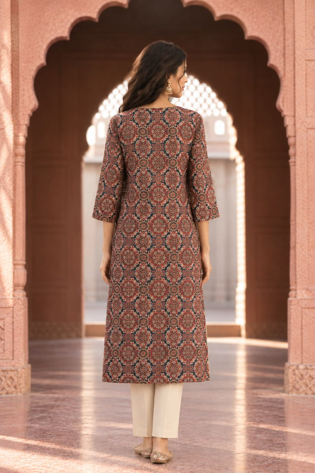 Abaya Brown Ajrakh Print Straight Kurta - back view