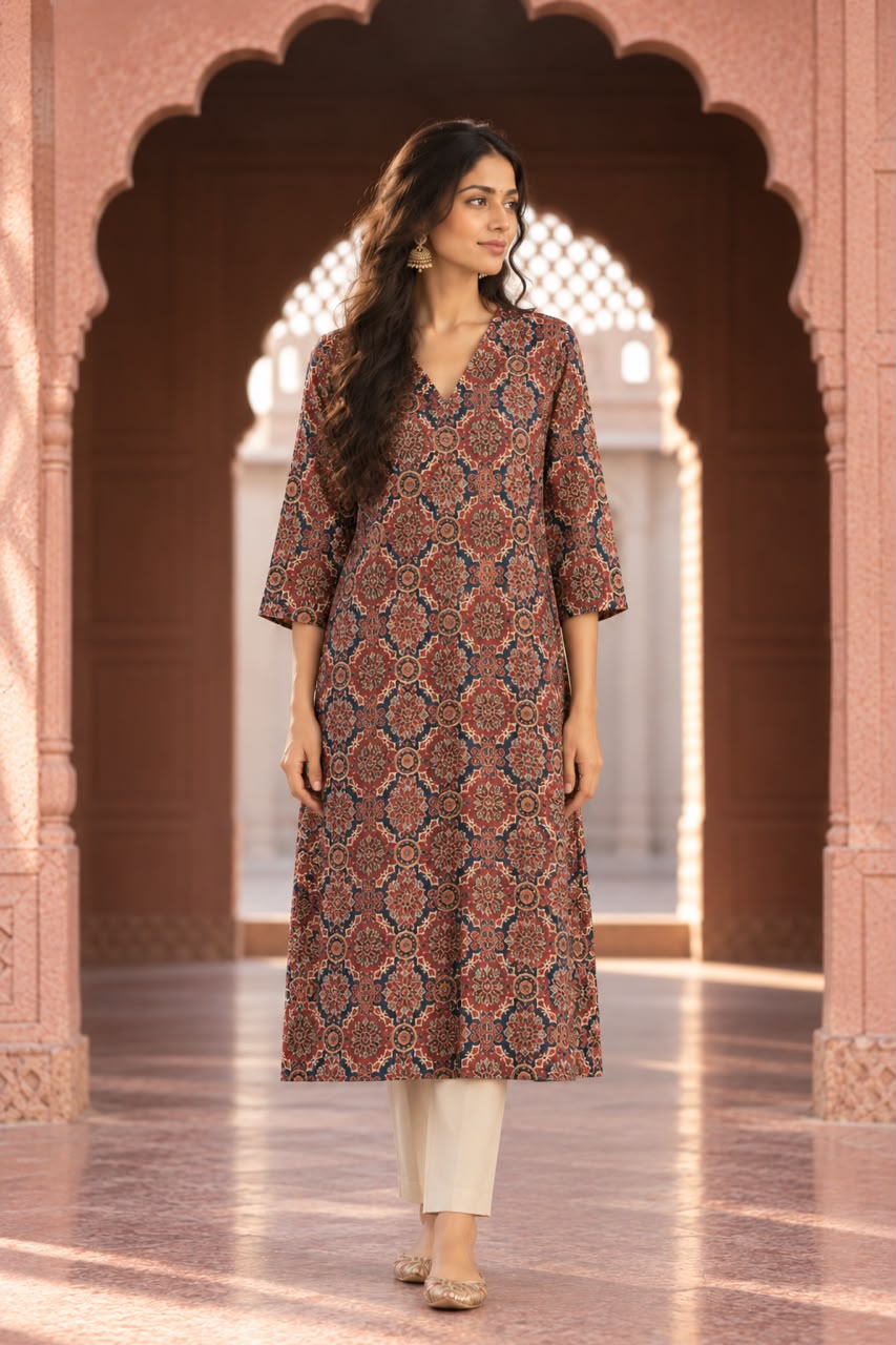 Abaya Brown Ajrakh Print Straight Kurta - front view