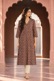 Abaya Brown Ajrakh Print Straight Kurta - front view