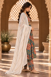 Neckline Green Floral Print Anarkali Set With Dupatta - side view