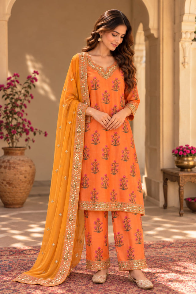 Mehreen Orange Embroidered Straight Kurta Set With Dupatta - front view