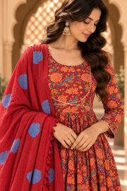 Neckline Red Floral Print Anarkali Set With Dupatta - detail close-up