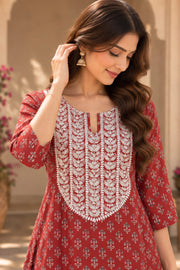 Red Embroidered Neckline A-Line Kurta Set - detail close-up