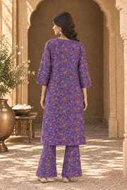 Purple Floral Print Kurta And Flared Pant Set - back view