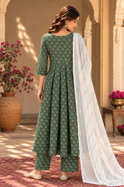 Neckline Pista Green Butti Print Anarkali Set With Dupatta - side view