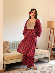 Fida Wine Red Pure Cotton Kurta Suit Set 2