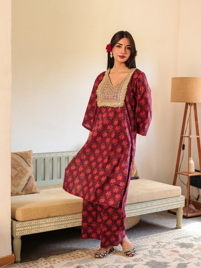 Fida Wine Red Pure Cotton Kurta Suit Set