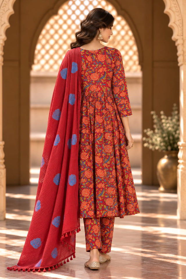 Neckline Red Floral Print Anarkali Set With Dupatta - back view