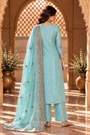 Rooprani Mint Blue Embroidered Straight Kurta Set With Dupatta - back view