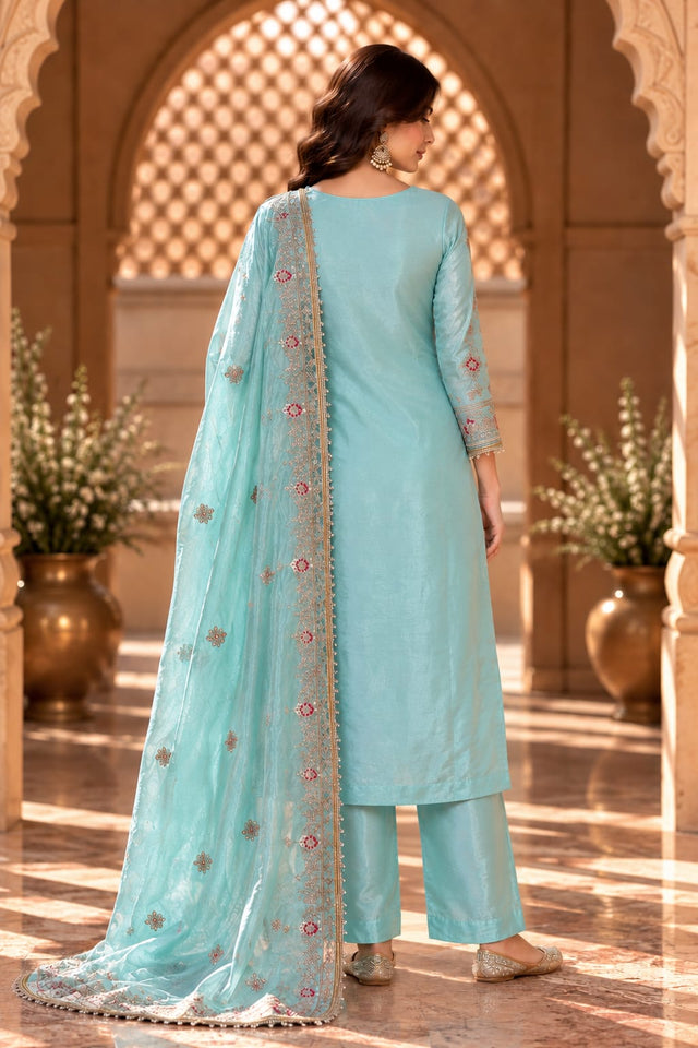 Rooprani Mint Blue Embroidered Straight Kurta Set With Dupatta - back view