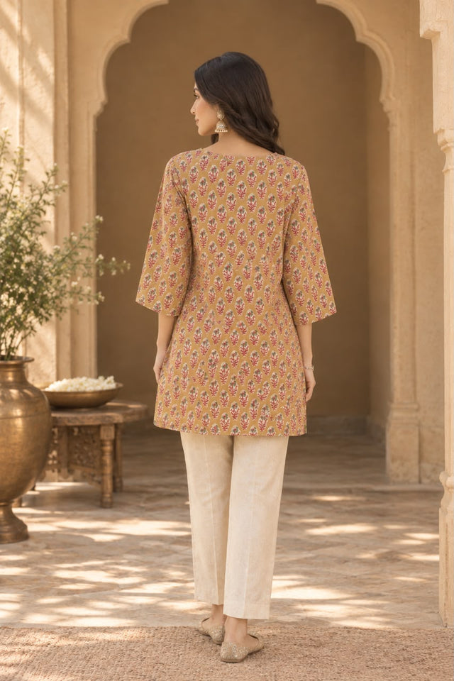 Kiki Mustard Block Print Short Kurti Top - back view