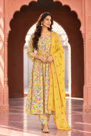 Suki Yellow Floral Print Anarkali Set With Dupatta - front view