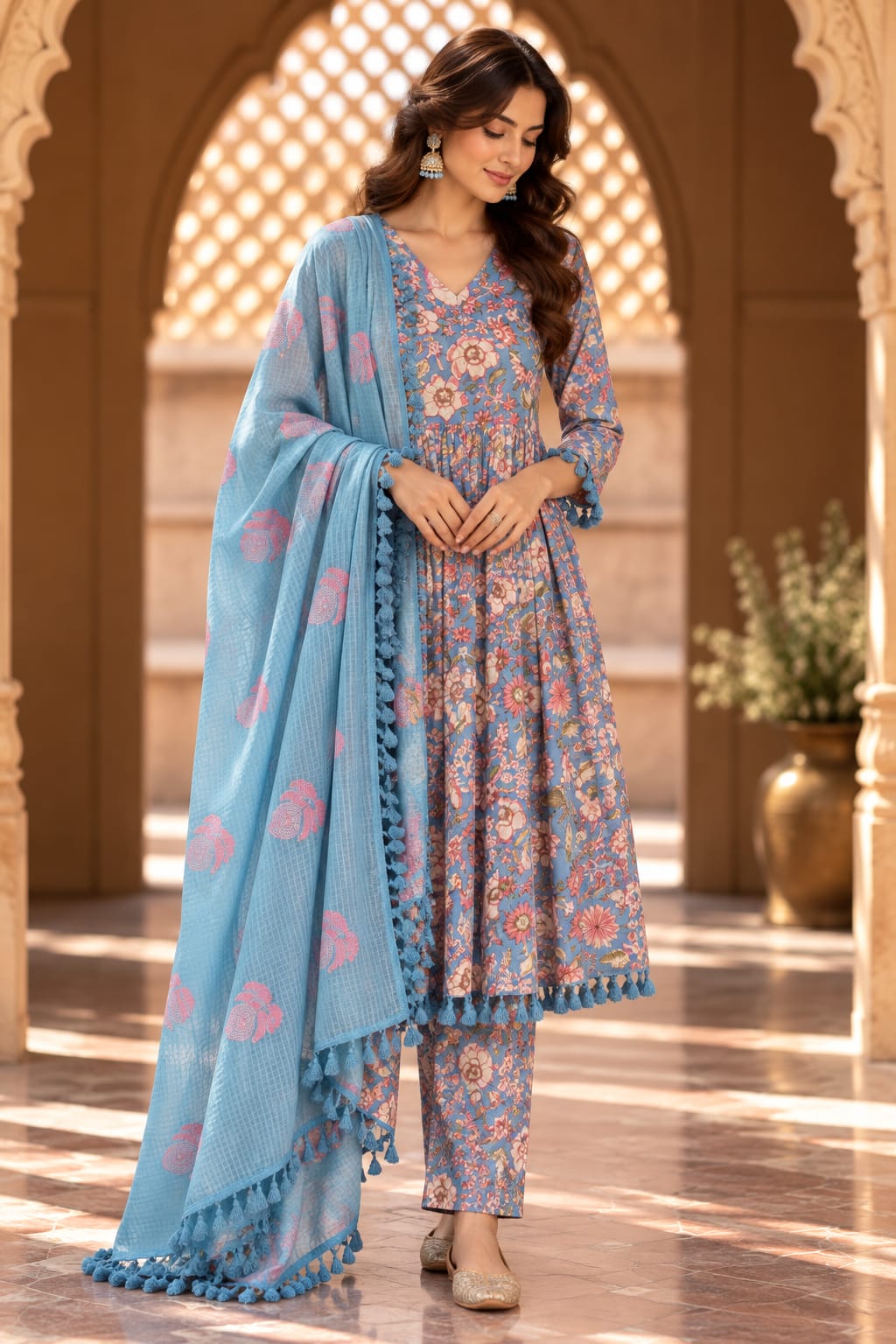 Acacia Blue Floral Print Anarkali Set With Dupatta - front view