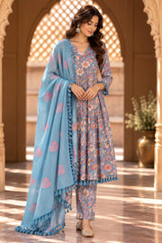 Acacia Blue Floral Print Anarkali Set With Dupatta - front view