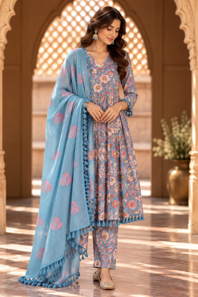Acacia Blue Floral Print Anarkali Set With Dupatta - front view