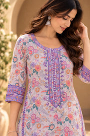 Lilac Floral Mirror Work Pakistani Kurta Sharara Set - detail close-up