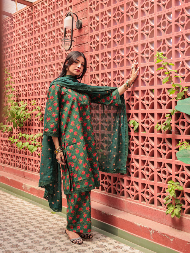Naira Bottle Green Pure Cotton Kurta Suit Set