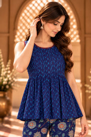 Tej Blue Sleeveless Peplum Top And Floral Pant Co-ord Set - detail close-up