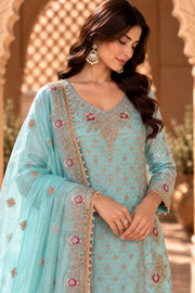 Rooprani Mint Blue Embroidered Straight Kurta Set With Dupatta - detail close-up