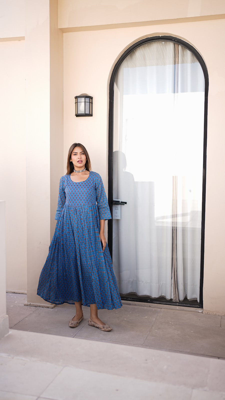 Indigo Block Print Flared Maxi Dress
