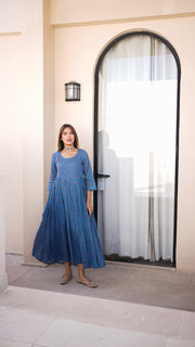 Indigo Block Print Flared Maxi Dress 1