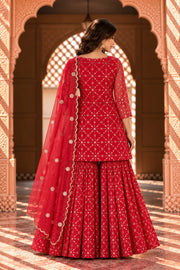 Alina Red Embroidered Sharara Set With Dupatta - back view