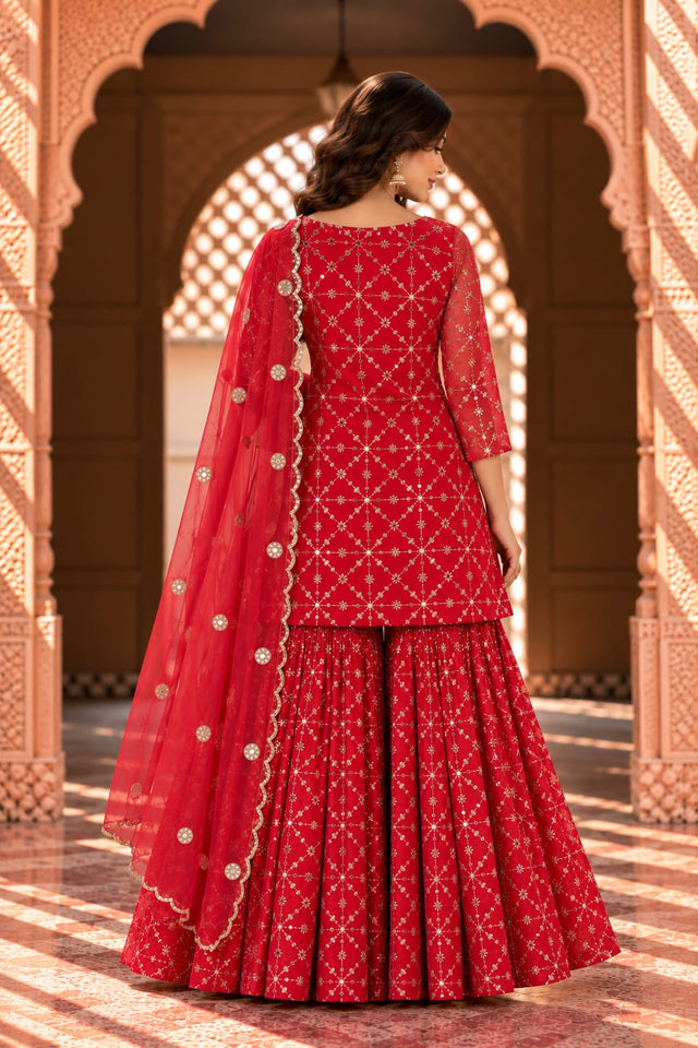 Alina Red Embroidered Sharara Set With Dupatta - back view