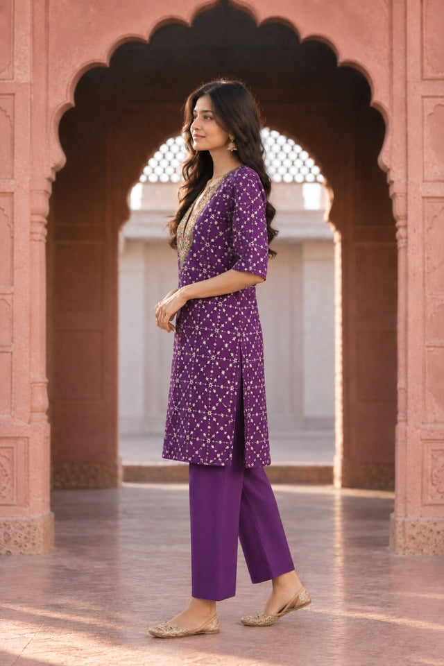 Bahaar Purple Handworked Neckline Co-ord Set - side view