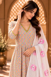 Shaila Multicolour Chevron Print Anarkali Set With Dupatta - detail close-up