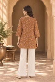 Lotus Brown Floral Print Short Kurti - back view