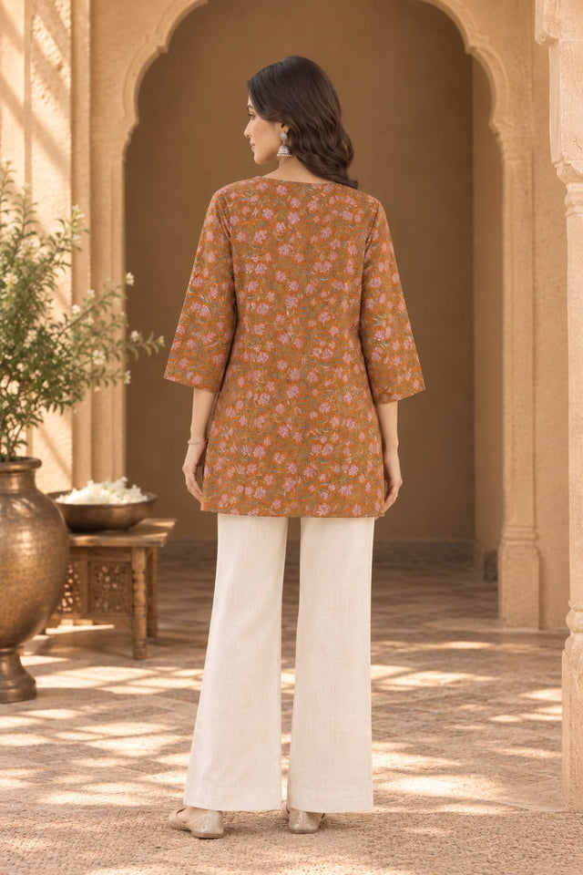 Lotus Brown Floral Print Short Kurti - back view