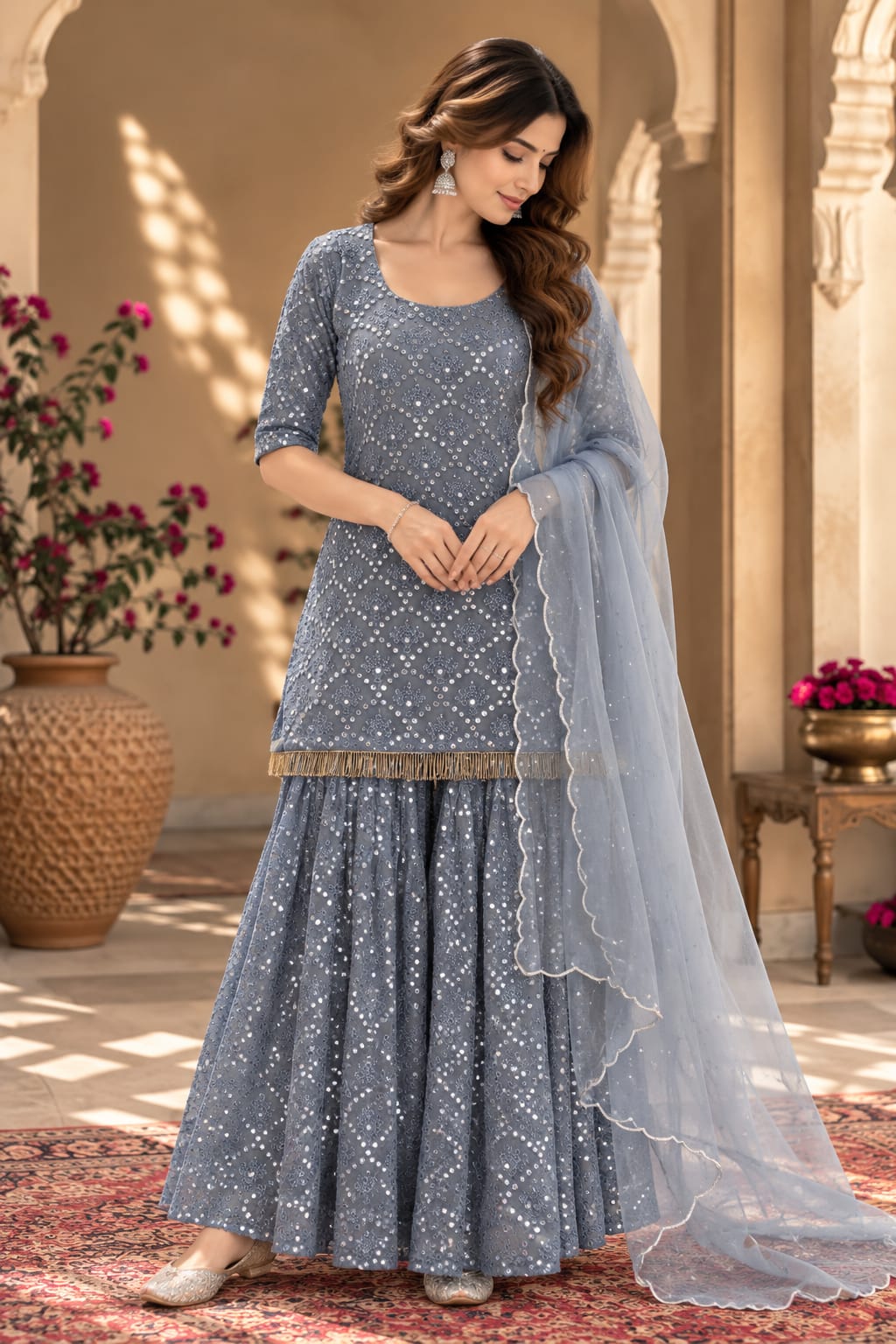 Raatrani Grey Mirror Embroidered Sharara Set With Dupatta - front view