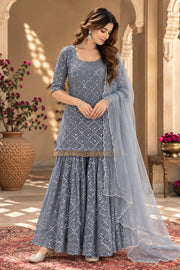 Raatrani Grey Mirror Embroidered Sharara Set With Dupatta - front view