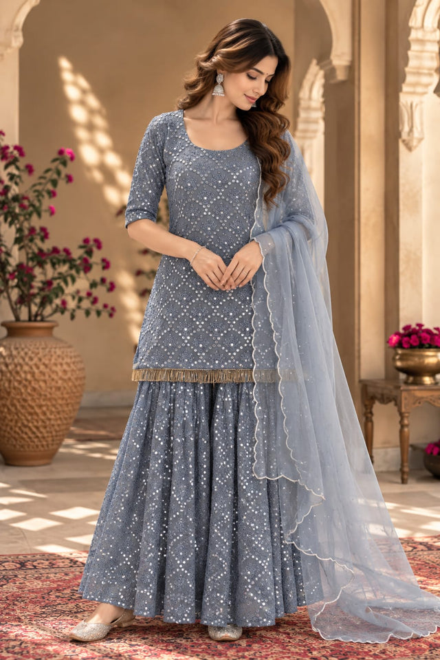 Raatrani Grey Mirror Embroidered Sharara Set With Dupatta - front view