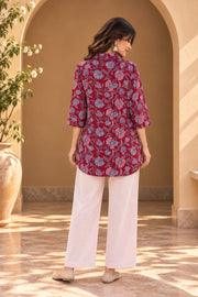 Anjali Wine Floral Print Shirt Co-ord Set - back view