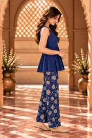Tej Blue Sleeveless Peplum Top And Floral Pant Co-ord Set - side view
