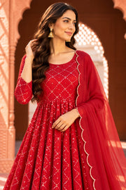 Damini Red Sequin Embroidered Anarkali Set With Dupatta - detail close-up