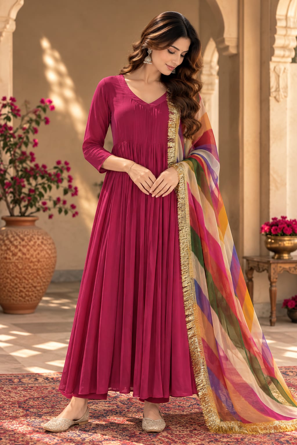 Rani Pink Flared Kurta With Rainbow Leheriya Dupatta - front view