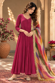 Rani Pink Flared Kurta With Rainbow Leheriya Dupatta - front view