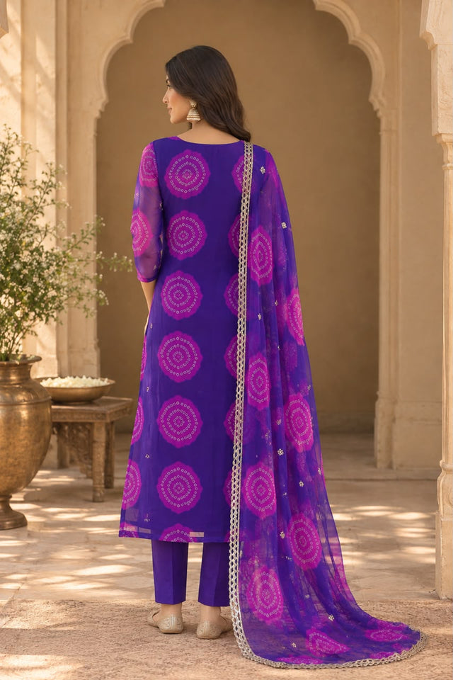 Mimal Purple Bandhani Straight Kurta Set With Dupatta - back view