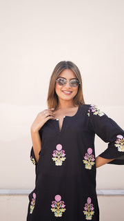 Black Flared Sleeve Flower Boota Cotton Co-ord Set 4
