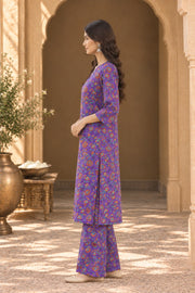 Purple Floral Print Kurta And Flared Pant Set - side view