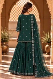 Bottle Green Mirror Work Sharara Set With Dupatta - back view